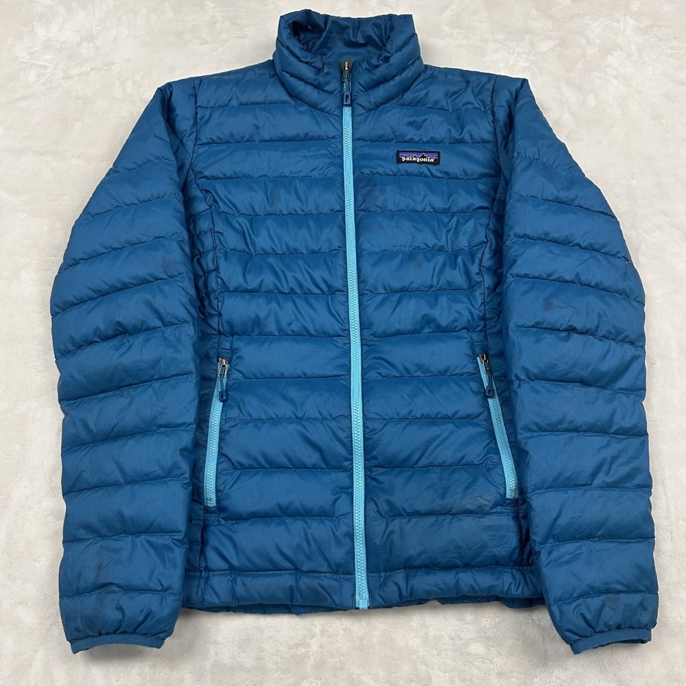 Patagonia Down Sweater Jacket Womens Small Blue Quilted Puffer Full Zip Pockets
